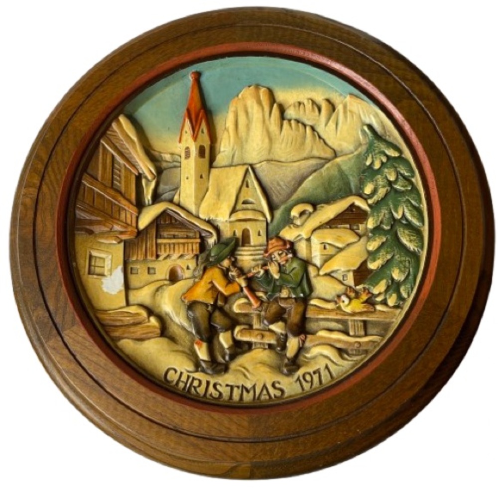 Vintage Anri Christmas 1971 Wood Wall Plaque 11.5” Christmas in St Jakob Italy